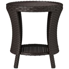 18" Wicker Outdoor Coffee Table, PE Rattan Patio Side Table with 2-Tier Storage, Composite Wood Top, Mixed Brown