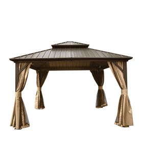 12' X 12' Hardtop Gazebo, Aluminum Metal Gazebo with Galvanized Steel Double Roof Canopy, Curtain and Netting, Permanent Gazebo Pavilion for Part