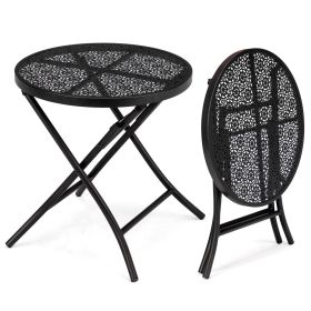 18 inch Folding Patio Side Table, Metal Steel Outdoor Round Coffee Table with Flower Cutouts for Patio Yard Balcony Garden, Black (Color: Black)