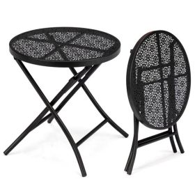 18 inch Folding Patio Side Table, Metal Steel Outdoor Round Coffee Table with Flower Cutouts for Patio Yard Balcony Garden, Black (Color: as picture)
